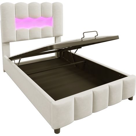 Cama capitoné 90 x 200 cm con arcón, LED, somier hidráulico y cabecero ajustable, beige (1/5)