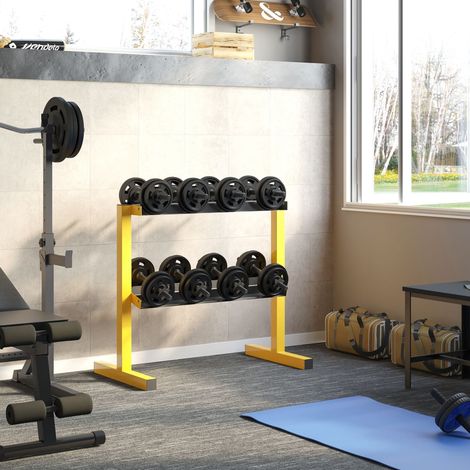 Soporte para mancuernas (92.5x50.5x80.5 cm), de 2 niveles, estable, acero, amarillo (1/5)