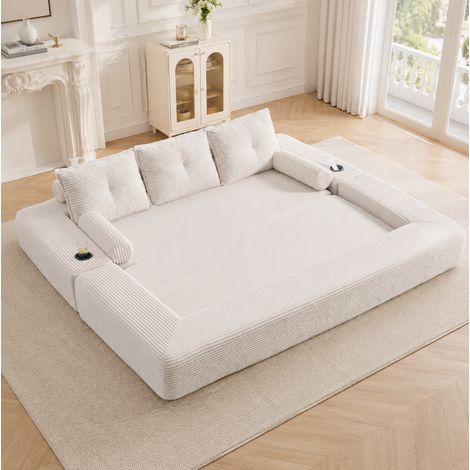 Sofá cama plegable de 3 plazas de pana con cojines viscoelásticos, beige, HAVRYA (1/5)