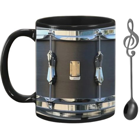 Taza vintage con forma de tambor y cuchara, 325 ml, cerámica, taza de café vintage con forma de tambor, taza original, taza de moda para bateristas y músicos, taza divertida para hombres y mujeres