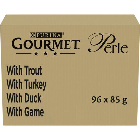 GOURMET Perle Cibo Umido per Gatti Adulti Filettini in Gelatina con Trota, Tacchino, Anatra, Selvaggina 96 Buste da 85g (1/5)
