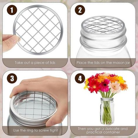 Grilles porte-fleurs pour bocaux à ouverture standard, organiseurs de tiges en métal argenté, 18 pièces (1/4)