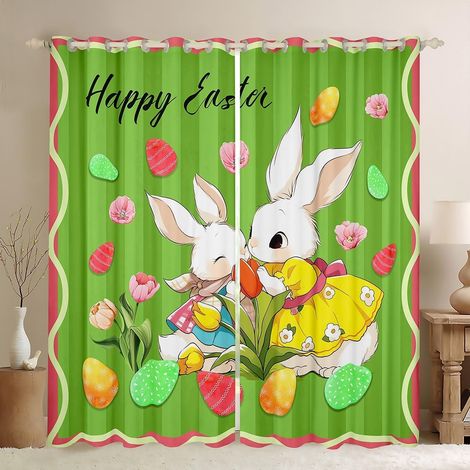 Happy Easter Rideau de fenêtre, dessin animé lapin mignon œufs imprimés colorés rideaux de fenêtre pour filles garçons, tulipes roses fleurs rayures vertes rideaux de traitement de fenêtre - 137x117cm (1/5)