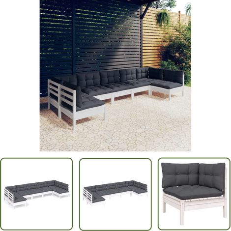 The Living Store 7-tlg. Garten-Lounge-Set mit Kissen Weiß Kiefer Massivholz - Garten Lounge Set - Kiefernholzmöbel - Outdoor Möbel - Gartengeräte - Balkonmöbeln (1/5)