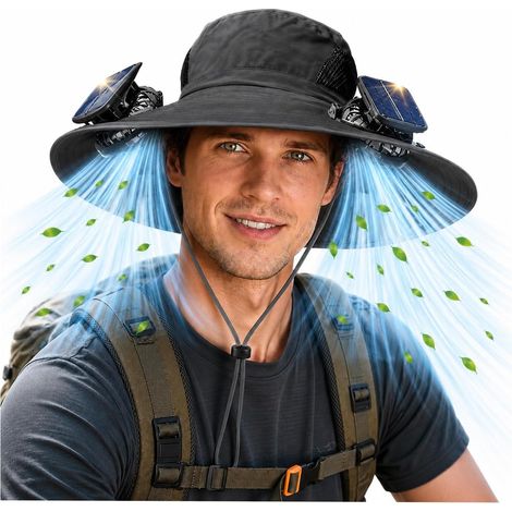 Chapeau avec Ventilateur Solaire et USB 2 Ventilateurs Bord Large Fan Chapeau Rafraîchissant à Bord Large avec Double Alimentation pour Pêche Camping Jardinage et Randonnée (1/5)