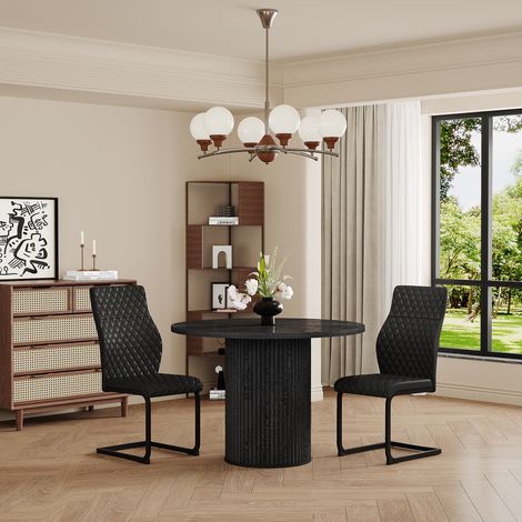 Esstisch- und Stuhl-Set MDF/Metall/PU-Leder Schwarz, runder Tisch Ø100x76 cm, 2 Polsterstühle, einfache Montage, MIVRAY