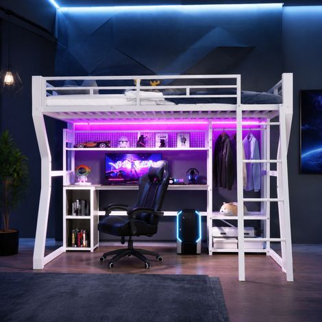 Hochbett 140x200 cm Weiß aus Metall und MDF mit Lichtleiste, Steckdose, Schreibtisch und Stauraum (1/5)