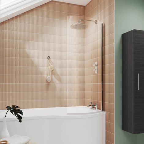 Nuie Curved P-Shaped Hinged Bath Screen 1433mm H x 715mm W - 6mm Glass (1/7)
