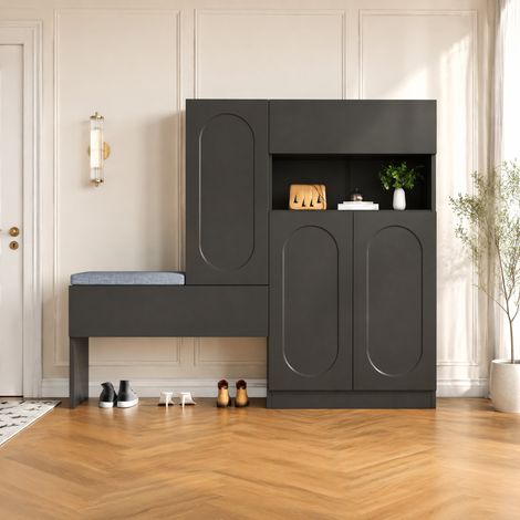 Meuble à chaussures 130x35x110 cm avec banc rembourré, compartiments réglables en hauteur et portes rainurées ovales, noir (1/5)