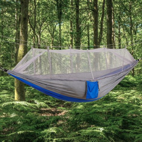 Hamac de voyage portable pour le camping, lit suspendu avec moustiquaire (gris-bleu) (1/5)