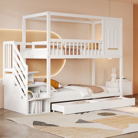 Lit superposé 90x200cm, lit enfant avec 2 tiroirs et escalier de rangement – bois– Barrière de sécurité – design moderne, Blanc