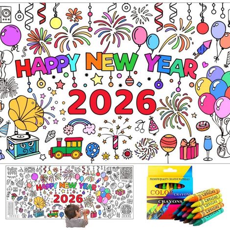 Ausmal-Tischdecke Silvester 2026 mit 24 Buntstiften, Kinder Neujahr Deko