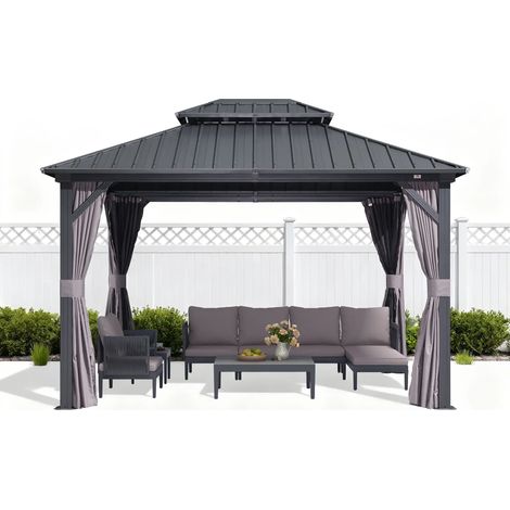 PURPLE LEAF 3,65 x 3 m Pergola Économique de Jardin en Aluminium à Toit Rigide, Tonnelle avec Moustiquaire et Rideaux, Pavillon Double Toit, Gris