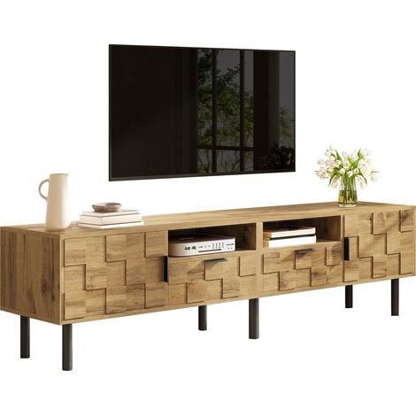 Meuble TV mosaïque 160 cm avec 2 portes, 2 tiroirs et 2 niches, en panneau de particules, pieds métal noir, style salon, pour grands écrans  CHICFURN (1/5)
