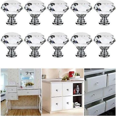 Lot de 12 boutons de porte/tiroir en verre cristal de 30 mm, style diamant, pour meubles et commodes. (1/5)