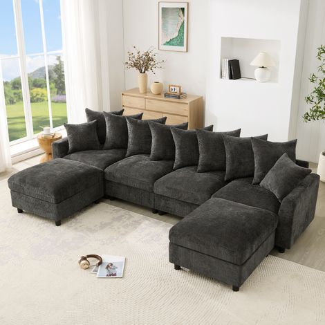 Divano angolare modulare 283×153,5×78,5 cm in ciniglia grigia con USB/Type-C – MEUBLIV (1/5)