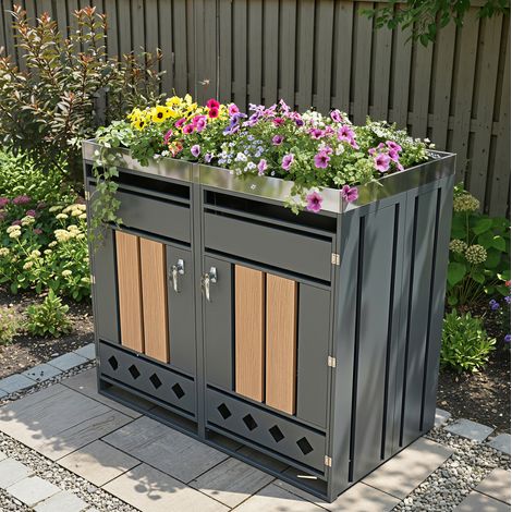 Meuble jardin cache-poubelle 2 bacs acier gris OKMYHOME (1/5)