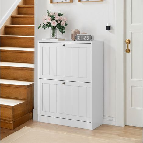 Zapatero de MDF y aglomerado blanco, 2 puertas abatibles, diseño estrecho con separadores ajustables (1/5)
