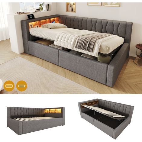 VVBV Lit banquette convertible 90 x 200 cm, éclairage LED, ports USB, coffre relevable, rangements intégrés, gris