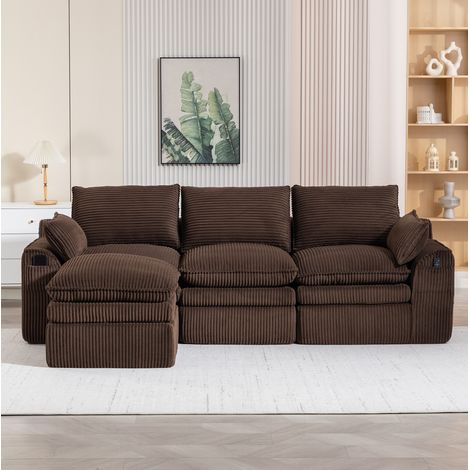 Divano modulare 263x167x85 cm con pouf, tasche laterali, struttura in schiuma e molle, tessuto a coste marrone (1/5)