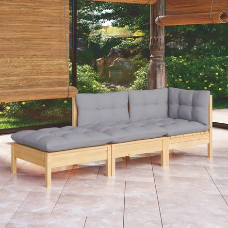 Salon de jardin 3 pcs,Mobilier de terrasse,Table et Chaise pour Relax avec coussins gris Bois de pin massif -YZ807528 (1/5)