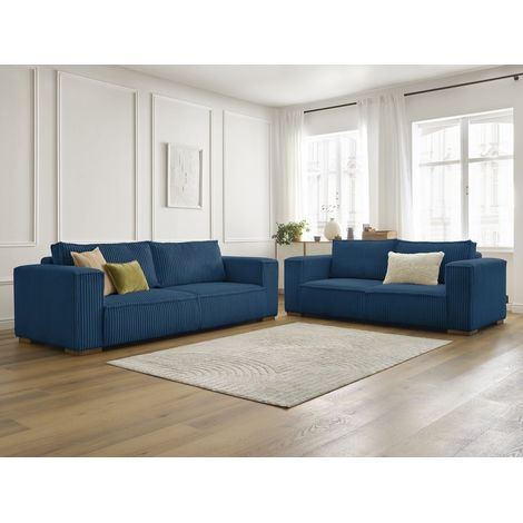BOBOCHIC - Ensemble canapé droit fixe 3 + 2 places CHELSEA gros côtelé doux Bleu foncé (1/5)