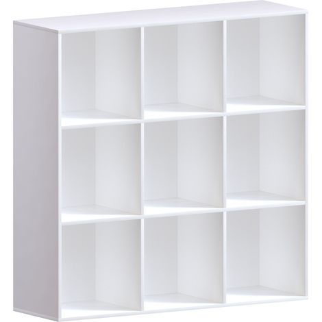 Durham 9 Cube Bookcase Shelf Wooden Display Storage Rack Free Standing Shelf Unit, White-5-Grey-Baskets