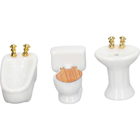 Ensemble de salle de bain miniature 3 pièces pour maison de poupée, comprenant baignoire, toilettes et lavabo en céramique (échelle 1/24), mobilier de salle de bain blanc pur. (1/5)