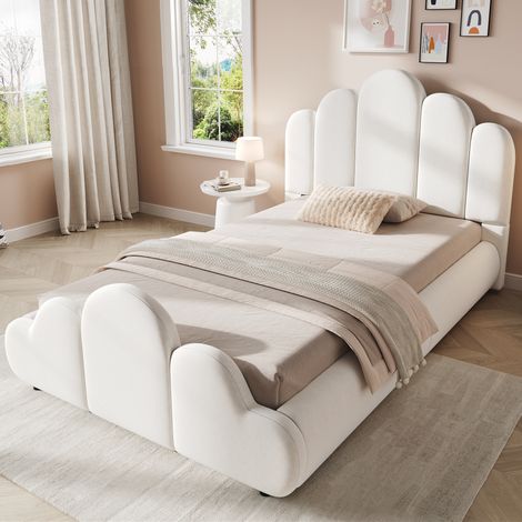 Lit enfant simple 90x200 cm avec tête de lit rembourrée, coins arrondis, velours beige (1/5)