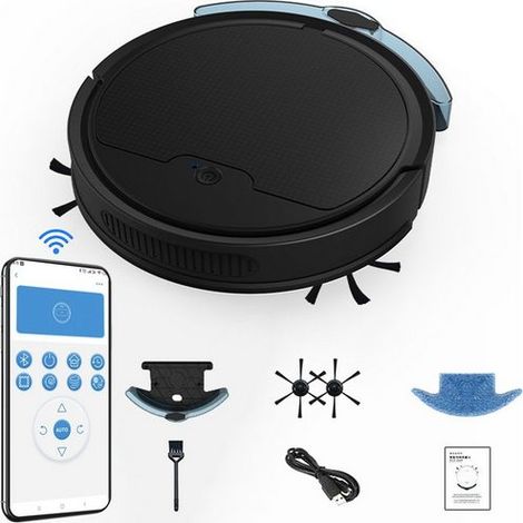Aspirateur robot, Robot Laveur, Aspirateur, contrôle APP Bluetooth avec réservoir d'eau de 200ML pour 120-150m², Noir, KINSI (1/5)