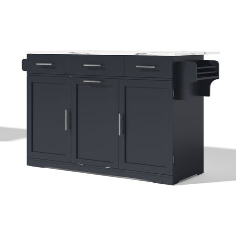 Isla de cocina móvil con tablero abatible, 3 cajones, 2 estantes y mueble para basura, MDF gris (1/5)