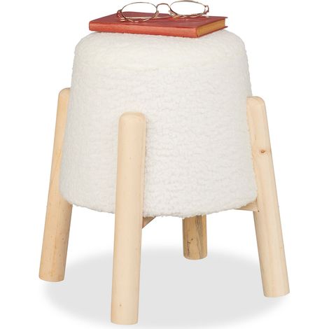 Relaxdays Taburete, Bouclé, Patas de Madera, 40x30 cm, Salón, Puff Peluche, Reposapiés Tapizado Redondo, Blanco/Natural