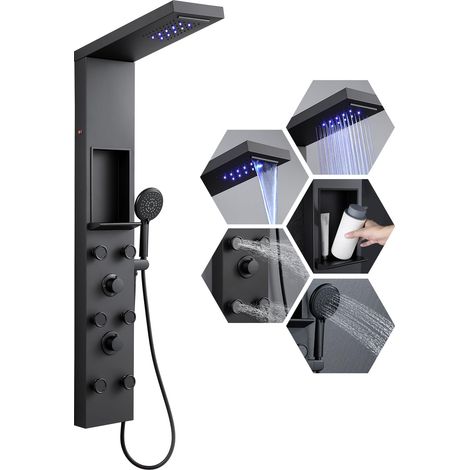 Panneau de douche avec robinetterie et étagère LED noir mat, 4 modes, colonne de douche pluie et douche cascade, 6 jets de massage réglables à grand angle, douchette, colonne de douche en (1/5)