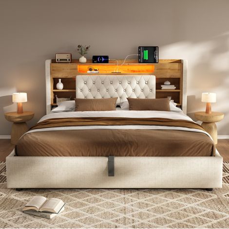 Cama arca 160x200 cm - Cama doble - Con cabecero con LED, USB y Tipo C - De tela - Beige - Sin colchón (1/5)