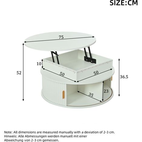 Table basse avec rangement 75 x 75 x 52 cm dissimulé éclairage led intégré deux portes coulissantes plateau rond coloris blanc (1/5)