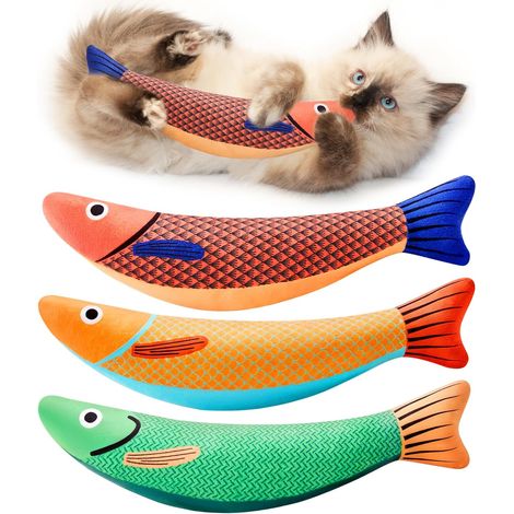 Juguetes para gatos: Pez Saury, paquete de 3, con sonido crujiente de hierba gatera, suaves y duraderos, juguete interactivo para gatitos, ideal para ejercitarlos en interiores. 23,9 cm (9,4 pulgadas)