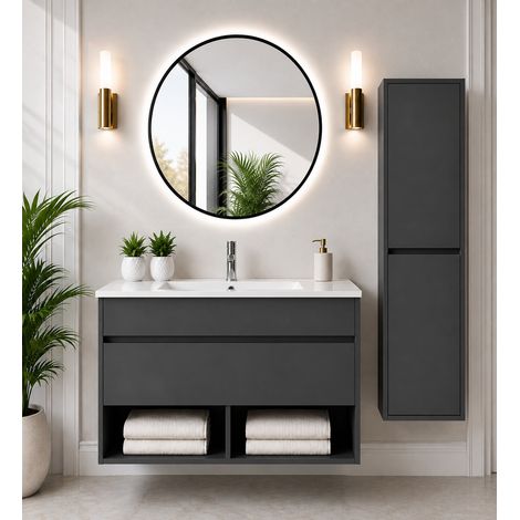 Mobile bagno sospeso con lavabo extrapiano ORIGENBATH NEBARI con cassetto senza specchio 90x45 cm grafite con colonna (1/5)