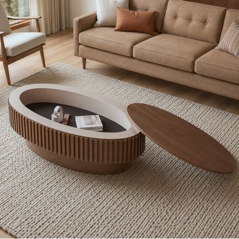 Mesa baja ovalada de 98 cm con almacenamiento oculto, acabado nogal, MDF con chapa de madera HAVRYA (1/5)