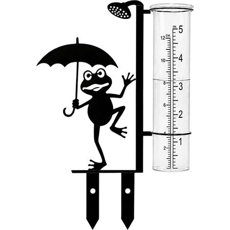 Piquet de jardin grenouille noir avec pluviomètre décoratif, Ornement métal pour espace extérieur (1/5)