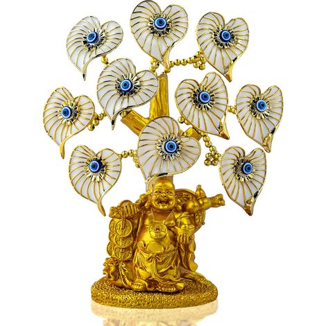 Arbre à Monnaie Bleu Mauvais œil avec Statue de Bouddha dorée Peinte Fleurs artificielles Blanches Décoration de Maison Bureau Décoration Shui (1/5)