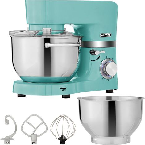 AREBOS Küchenmaschine 1500W Türkis  Knetmaschine mit 2x Edelstahl-Rührschüsseln 4,5 & 5,5L  Geräuscharm  Küchenmixer mit Rührhaken, Knethaken, Schlagbesen und Spritzschutz  6 Geschwindigkeiten