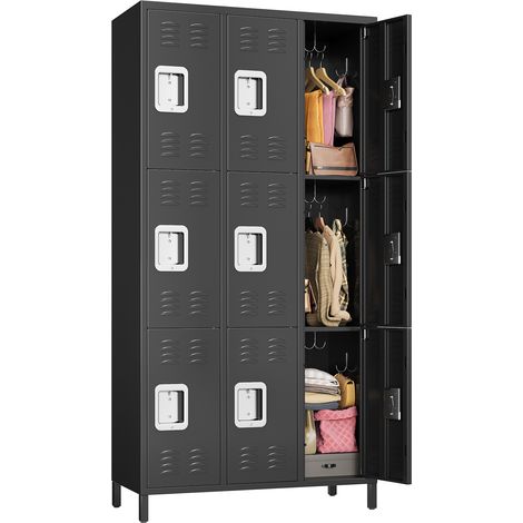 Vestiaire de bureau métallique 9 portes verrouillables - Armoire de rangement en acier 72" ventilée - Étagères réglables + 27 crochets - Pour école/salle de sport/entrepôt - Noir (1/5)
