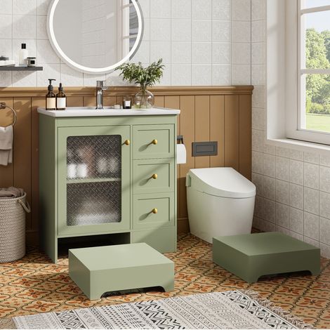 Meuble vasque moderne vert en MDF avec vasque intégrée, 2 tiroirs, rangement, tabouret 2-en-1 et LED (1/5)
