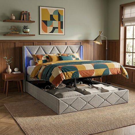 Lit coffre double 140x200 cm, éclairage LED sur les côtés du chevet, nombreux rangements, sommier à lattes, velours glacé, Gris