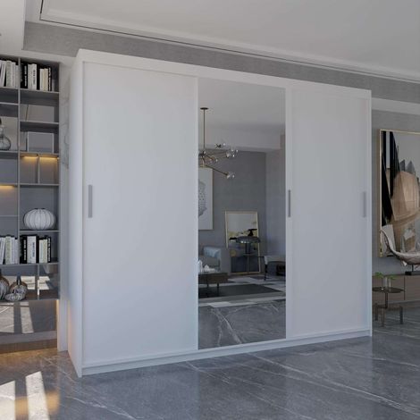 Miami 250cm Sliding Door Wardrobe with Full-Length Mirror & Modern 3-Door Design in Elegent 6 Colors - White250cm (1/2)