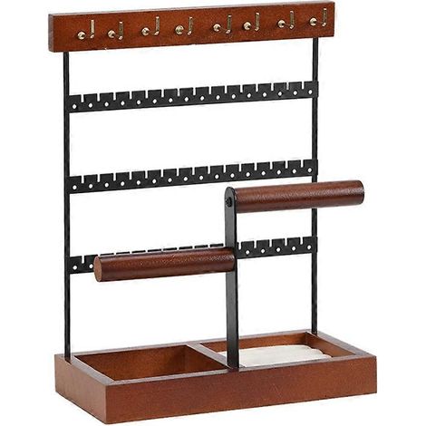 Présentoir à bijoux biaxial marron, base amovible en bois massif, boîte de rangement pour bagues, boucles d'oreilles, colliers et bagues. (1/5)