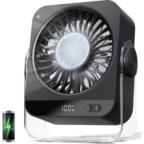 Ventilateur Silencieux Glace, 4000mAh Ventilateur Portable, Petit Ventilateur de Table Bureau, USB C Ventilateur Batterie, Mini Ventilo Pour Chambre Bureau Salon Exterieur Intérieur - Noir (1/5)