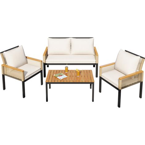 Ensemble lounge de jardin, 2 places, 2 fauteuils, table, coussins, extérieur, rotin, beige