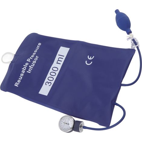 Poche de perfusion sous pression de 3000 ml avec pompe et manomètre métallique pour perfusion sanguine rapide, bleue (1/5)