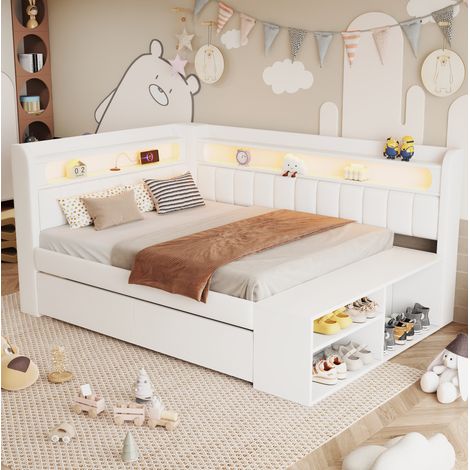 lit adulte rangement USB LED 90x200 rembourré blanc OKMYHOME (1/5)